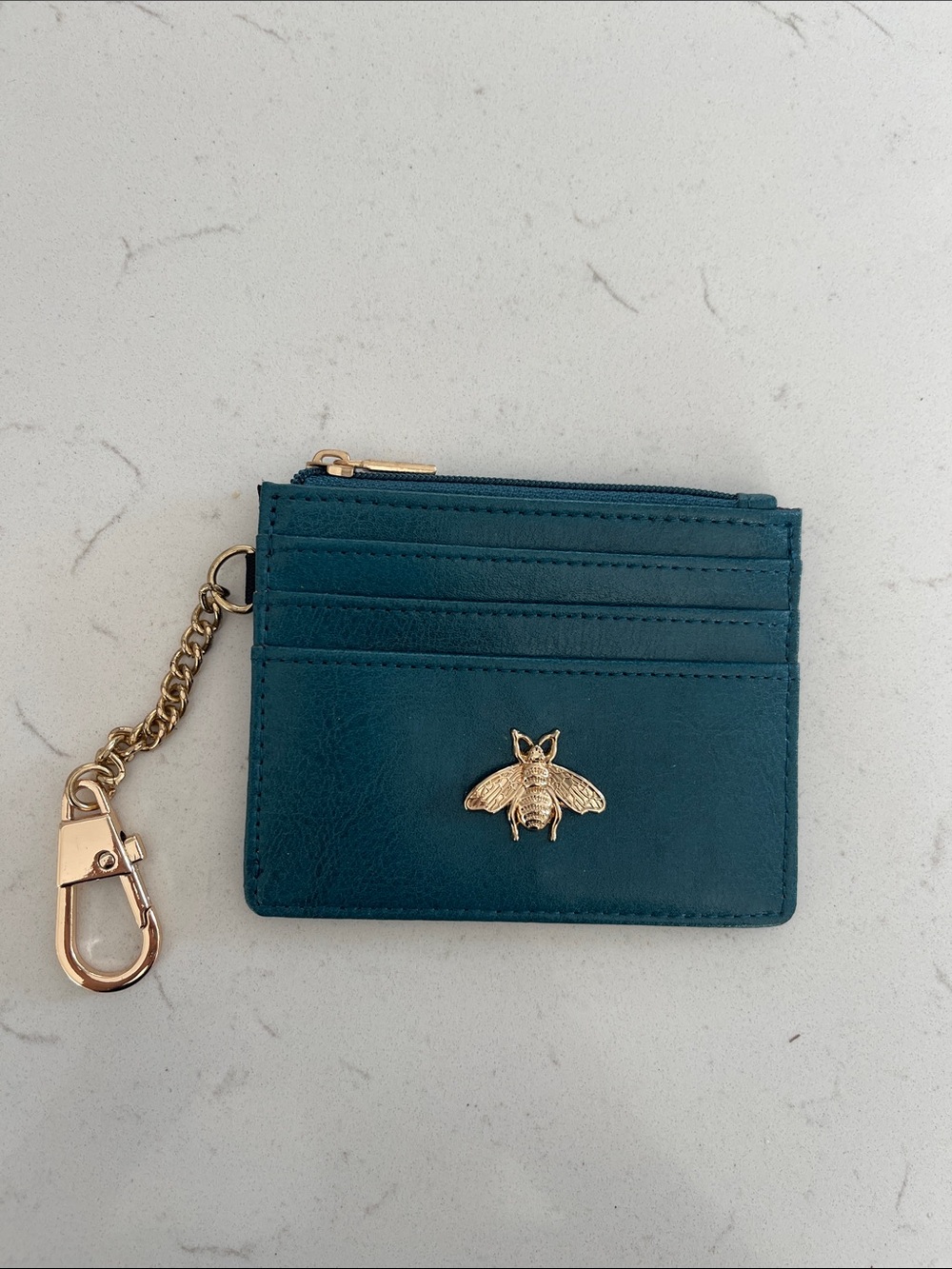 Teal Card Holder Keychain with Gold Bee Accent